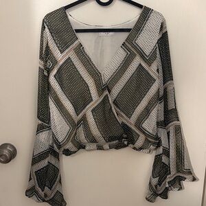 Sage Geometric Print Blouse in Green and White